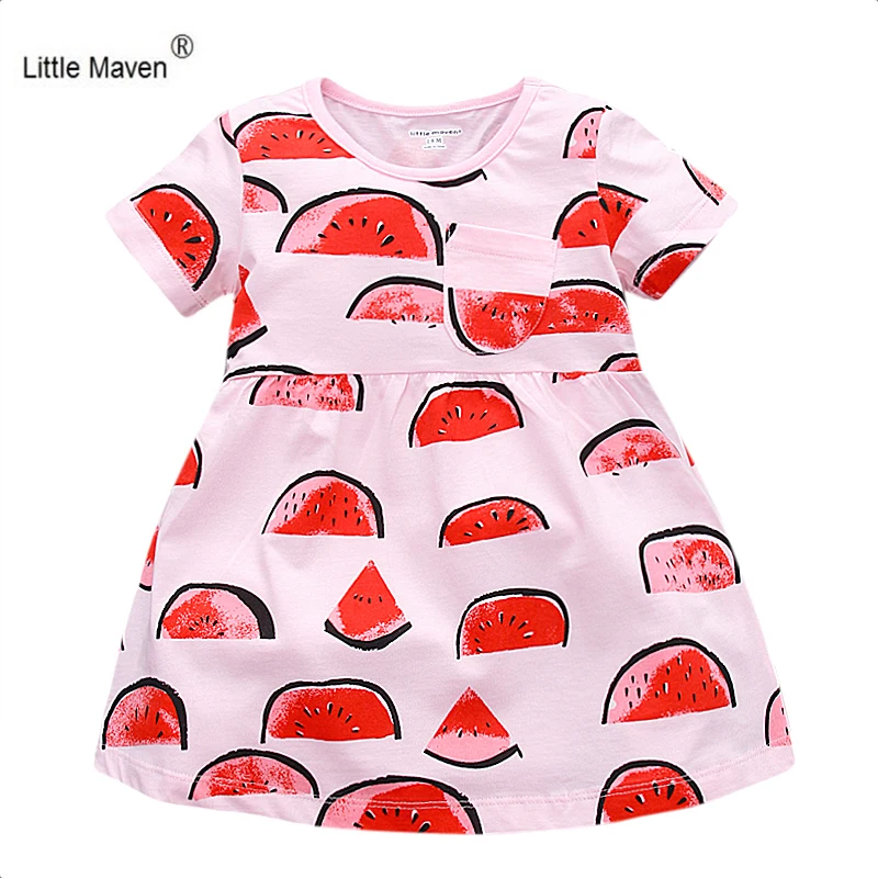 

Little Maven 1-6years Girls DRESSES 100% Cotton Casual Children's Dresses watermelon Print Knee-Length O-neck Tops kids clothing