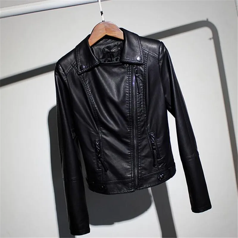 Fashion Ms Lapel Tops Short paragraph Women PU Leather coat Slim Long sleeves Leather coat Elegant Autumn/winter jackets 1117