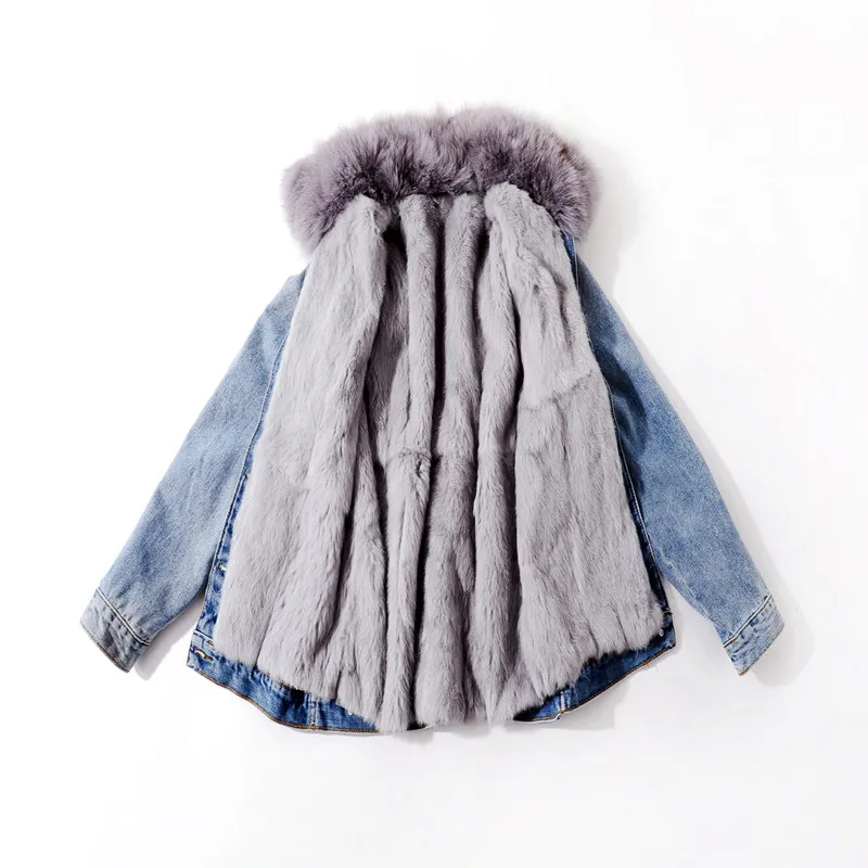2018 зима корейский лисий меховой воротник утепленное пальто съемный мех кролика