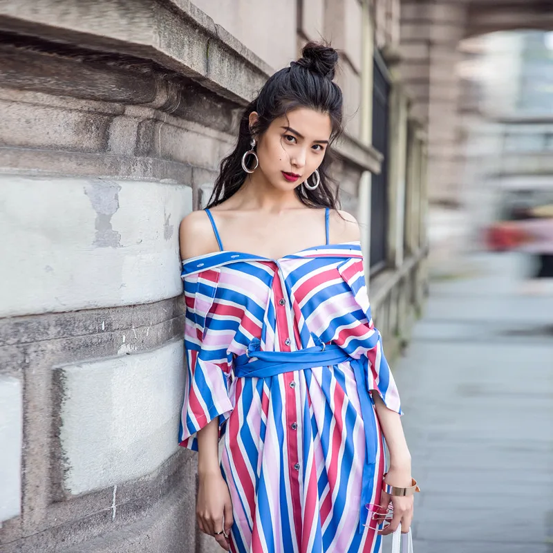 Тренд сеттер Лето 2017 г. повседневный наряд в полоску для женщин Слэш шеи рубашка