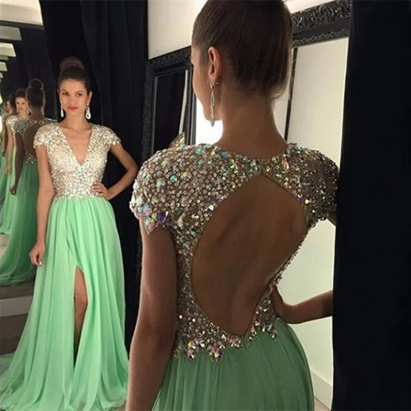 

Crystal Beads Long Evening Dress 2020 Sexy V-neck Short Sleeve Split Formal Mint green Evening Gown Dresses robe longue