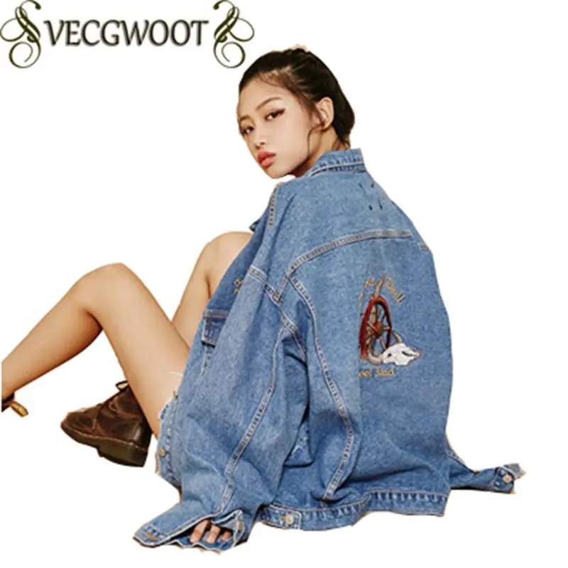 Женская джинсовая куртка с длинными рукавами однотонная свободная повседневная