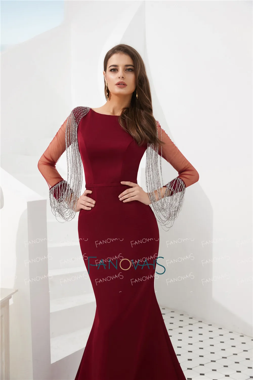 Зима 2020 бордовое вечернее платье с длинным рукавом женское русалки бахромой и