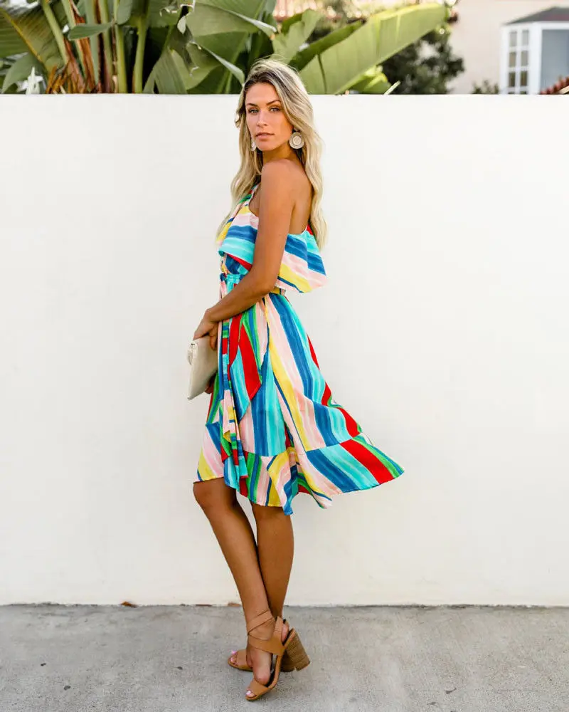Женское Короткое платье в радужную полоску Boho Брендовое летнее Клубное вечерние