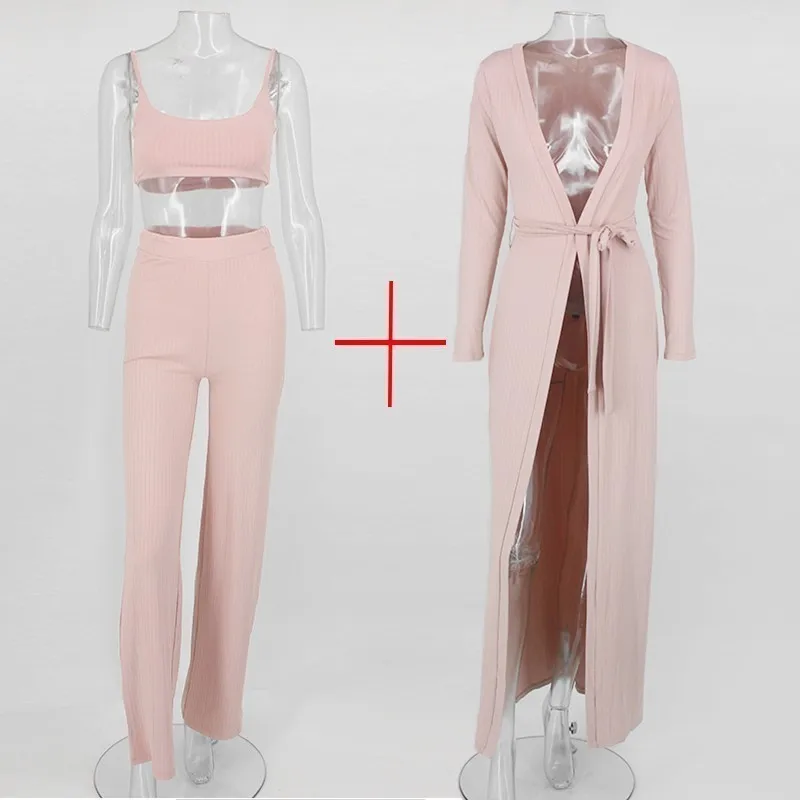 Pink PFFLOOK, Осенний сексуальный комплект из двух предметов, Женский Топ и штаны,, Одноцветный, на тонких бретелях, комплект из 3 предметов, женские вечерние комплекты из 3 предметов с открытой спиной - Цвет: Pink