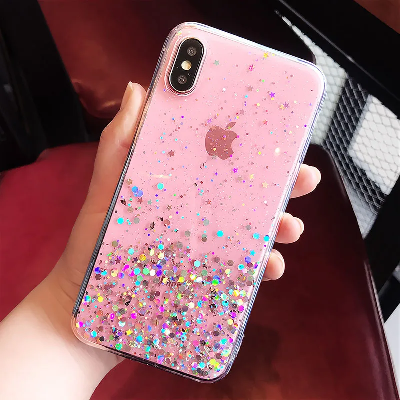 Сияющий Золотой фольга Прозрачный чехол для iPhone X XS XR XS Max 6 S 7 8 плюс Роскошный блеск блесток Мягкий ТПУ задняя крышка Coque - Цвет: pink