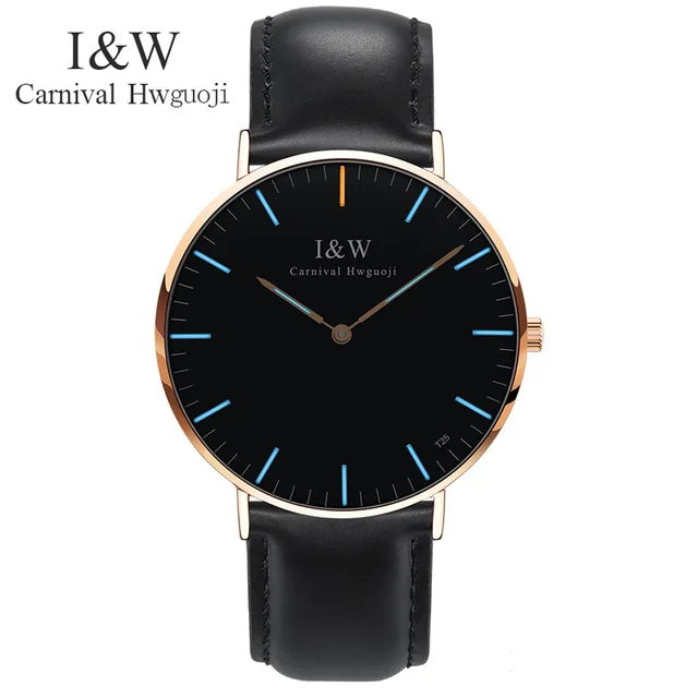Black Rosegold blue Модные мужские ультратонкие деловые кварцевые часы, карнавальный светильник I& W Тритий, светящиеся Мужские часы с кожаным ремешком, наручные часы, Relojes Hombre - Цвет: Black Rosegold blue