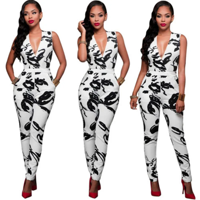 

Women Deep V Neck Bodysuit Sleeveless Sexy Jumpsuit Chinese Style Black Printing New Sexy Women Romper Trousers Clubwear