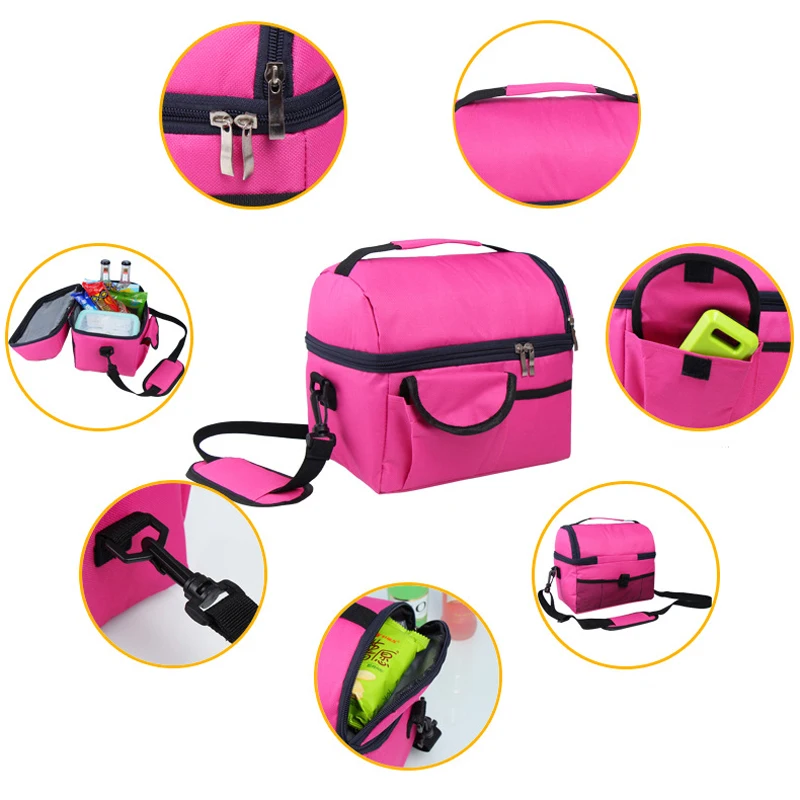

BONAMIE Function Shoulder Strap Thermal Insulated Lunch Bag Double Layer Waterproof Cooler Bag Portable Picnic Lunch Box Rosered
