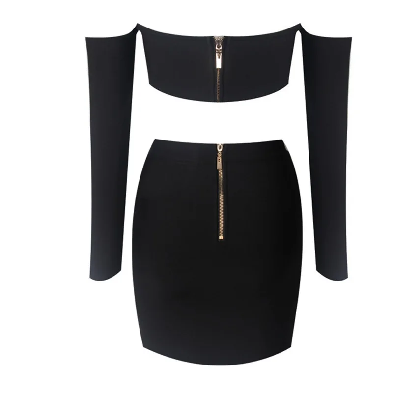 

2018 Summer Black Rhinestones Button Long Sleeve Hollow Out Strapless Bodycon Party Dress Bandage Sexy Women Skirt Two Piece Set