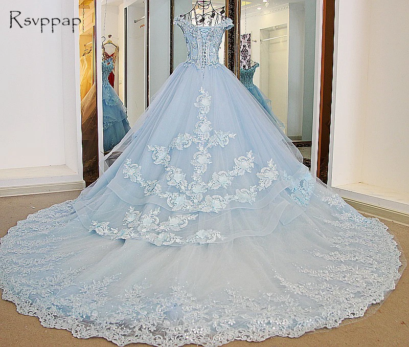 

Long Evening Dress 2021 Arabic Style V-neck Cap Sleeve Beaded Lace Light Blue Women Formal Evening Gowns