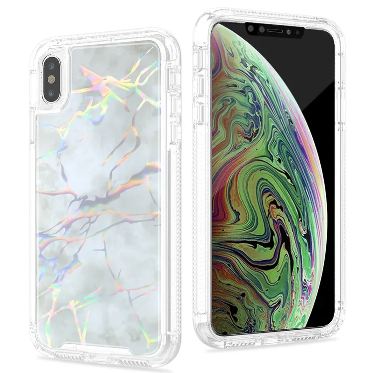 Модный мраморный лазерный чехол для телефона iPhone XS MAX XR X 6s 6 7 8 Plus PC+ TPU 360 Полный Корпус противоударный прозрачный чехол - Цвет: Grey
