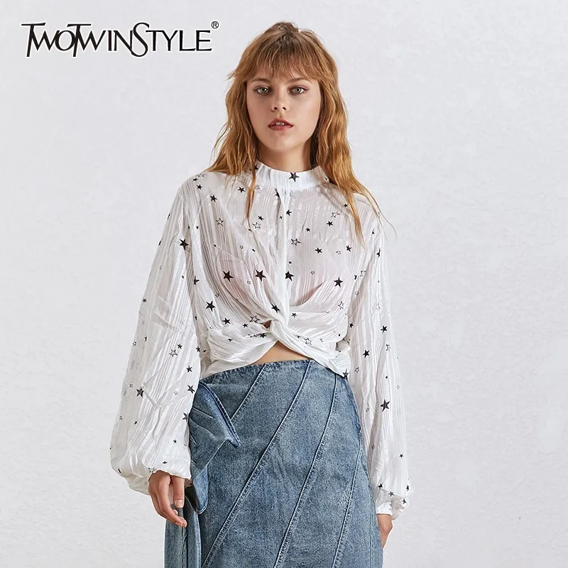 TWOTWINSTYLE летняя рубашка с принтом звезды, женская блузка с круглым вырезом и рукавами-фонариками, топ, Женская мода, новинка, корейский стиль