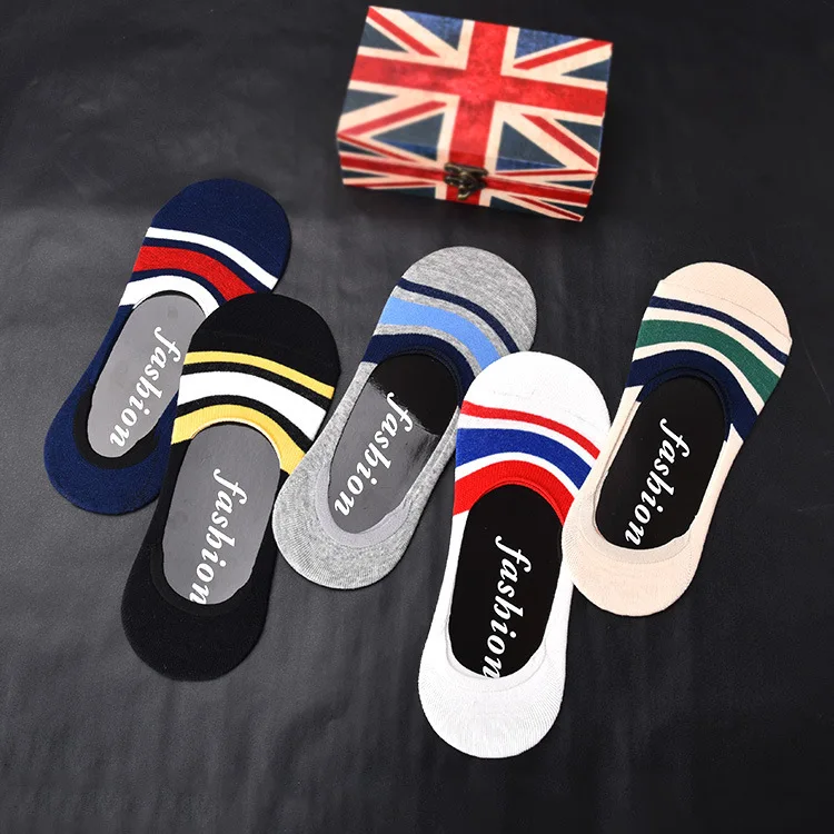 Fashion Quality Men Invisible Boat Sock Stripe Business Casual Silica Gel Non-slip Socks Male Breathable Cotton 5 Colors | Мужская