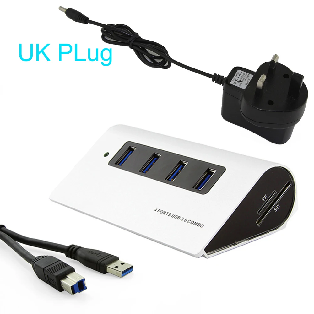 CHYI 4 порта USB3.0 концентратор 4 порта и USB 3,0 разветвитель для SD/TF 5 Гбит/с высокоскоростной кардридер с адаптером питания комбо для ПК ноутбука - Цвет: Hub with UK Adapter
