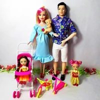 toys family 5 people fashion dolls suits 1 mom 1dad 2 little kelly girl baby son1 baby carriage real pregnant doll girl gift