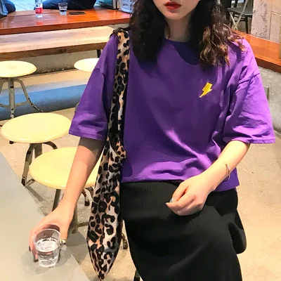 Purple as picture Милая женская футболка с вышивкой солнца, луны, облаков, погоды, плюс размер, летние гранж футболки для женщин, стиль, кавайный Свободный Топ - Цвет: Purple as picture