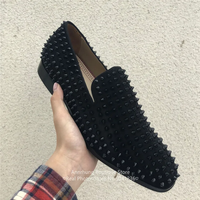 Glitter Rivet Casual Shoes Men Sequin Loafers Round Toe Slip On Flats Genuine Leather Studded Men Shoes Zapatillas Hombre