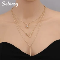 seblasy new fashion gold color multi layer hollow v stripe crystal triangle clavicle necklaces pendants for women jewelry