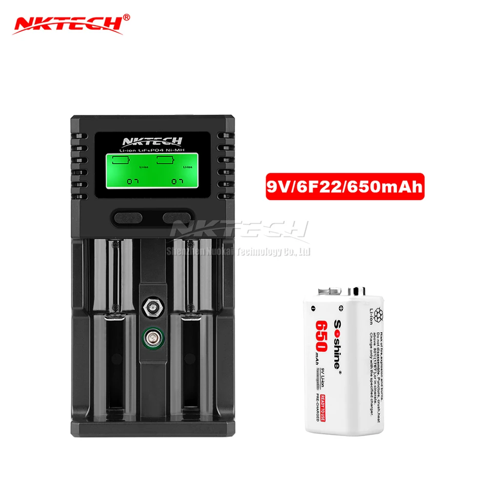 NKTECH H2 интеллигентая(ый) Батарея Зарядное устройство 2-слот ЖК-дисплей Зарядные устройства для автомобиля для Soshine 26650 18650 18500 14500 10440 9V ионно-литиевая никель-металл-гидридный аккумулятор с LiFePO4 - Цвет: With 1-9V 650mAh