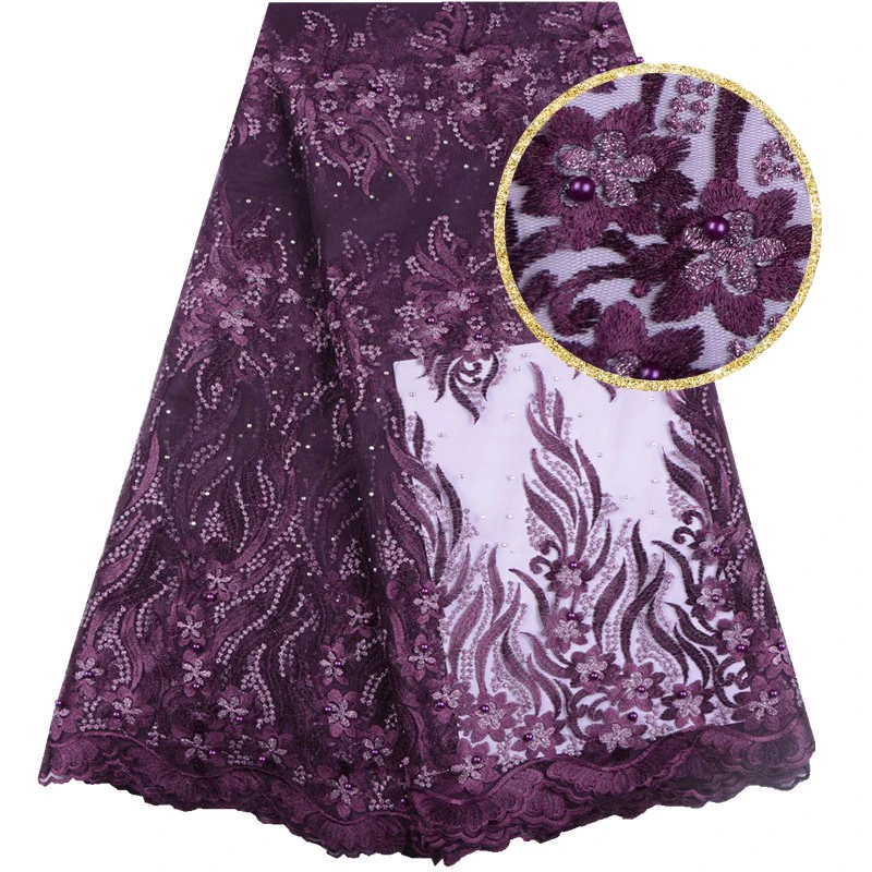 

High Quality African Lace Fabric With Beads French Embroidery Tulle Lace Stones Fabric For Nigerian Wedding Party Dress F1548