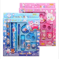 1set cartoon kawaii pencil ruler eraser sharpener 9 in 1 stationery set for boy girls kids gift school office supplies gift set