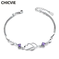 chicvie purple s925 double heart crystal braceletsbangles for women charm snap button jewelry making silver bracelets sbr190141