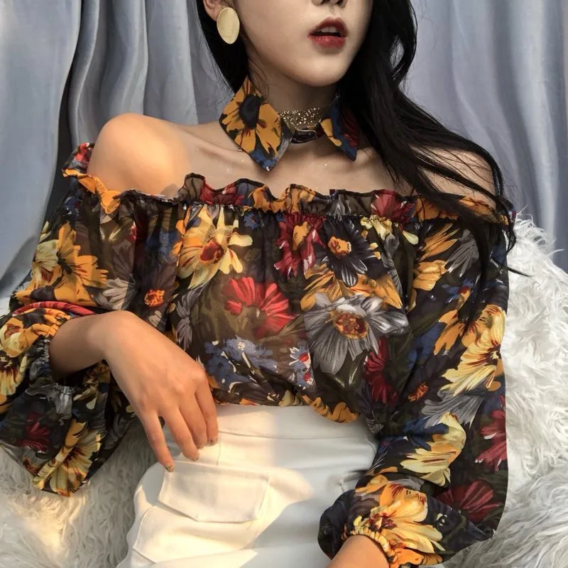 

Sexy Slash Neck Off Shoulder Blusas Women 2019 Spring Summer Flower Shirts Long Sleeve Blouse Vintage Lady Tops Chemise