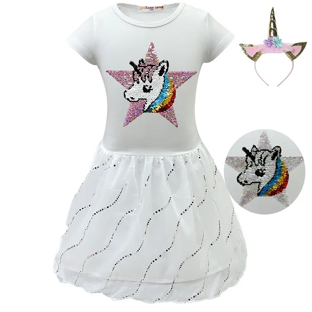 white headband Платье с блестками, звездами и единорогом; детское кружевное платье-пачка для девочек; Двусторонняя одежда для маленьких принцесс - Цвет: white headband