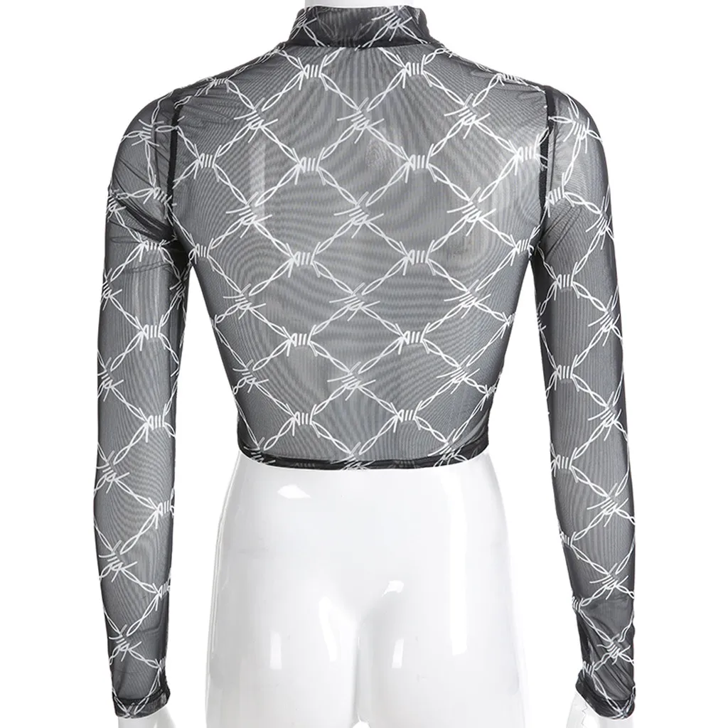 Sexy Blouse Plaid Mesh Perspective Women Crop Top Fashion Casual Turtleneck Shirt Ladies Slim Fit Tops Streetwear |