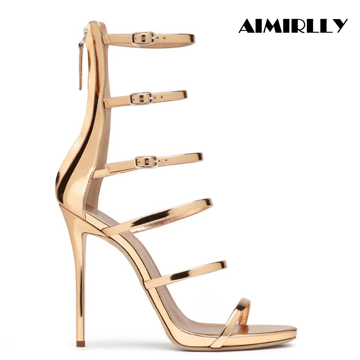 

Summer Women Shoes High Heel Open Toe Sandals Stilettos Rome Style Strappy Cover Heel Back Zipper Gold Female Clubwear Shoes