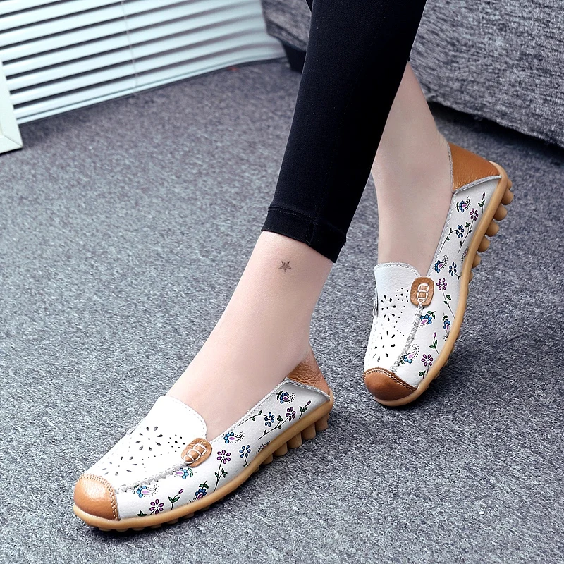 BeckyWalk/Летние слипоны женские мокасины обувь с вырезами принт Для женщин Туфли без каблуков Лоферы Обувь из натуральной кожи на плоской подошве женщина WSH2673