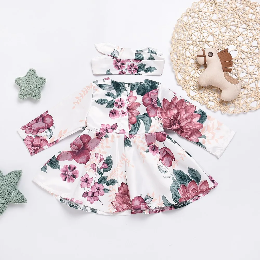 2018 new casual fashion brand baby children's dress birthday party long-sleeved rose print girl |