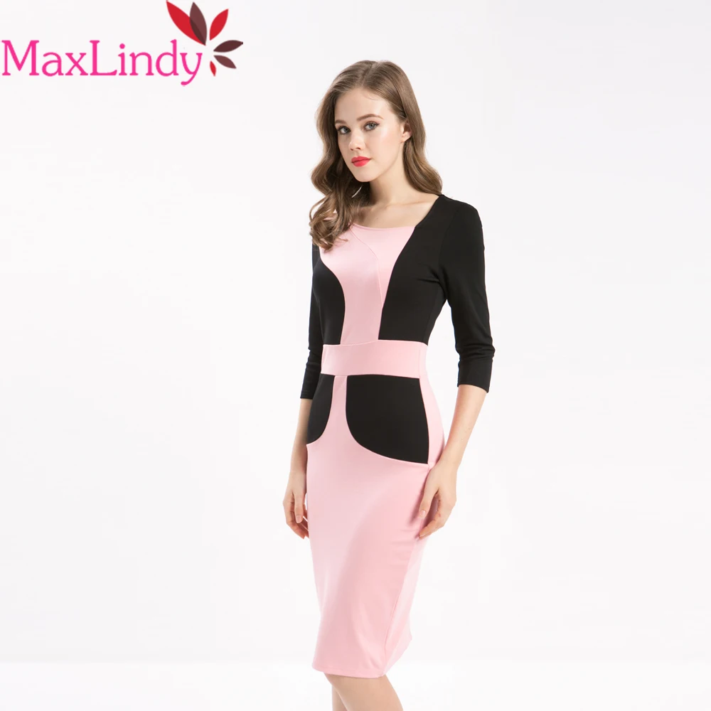 Maxlindy Женское платье элегантный Colorblock Bodycon Карандаш лоскутное тонкой v образным