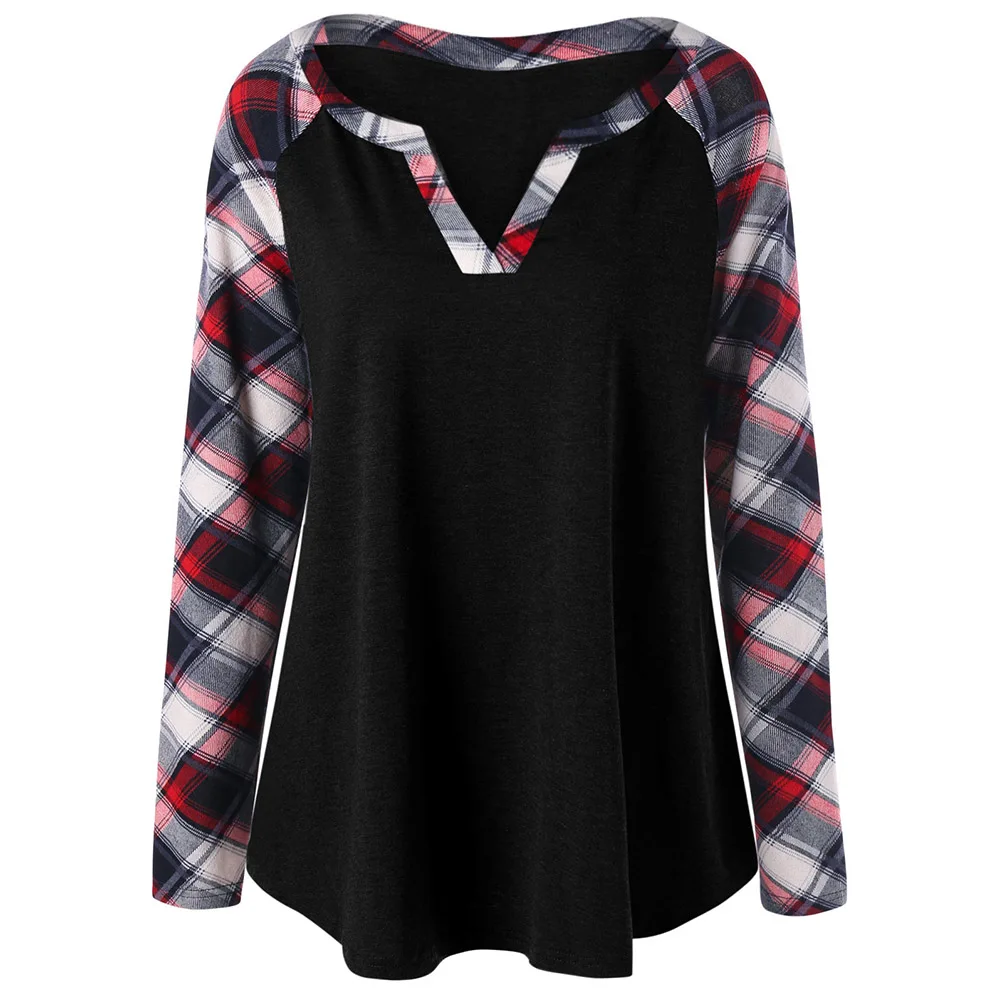Женская футболка в клетку с длинным рукавом и V образным вырезом|t shirt|plus t shirtlong sleeve