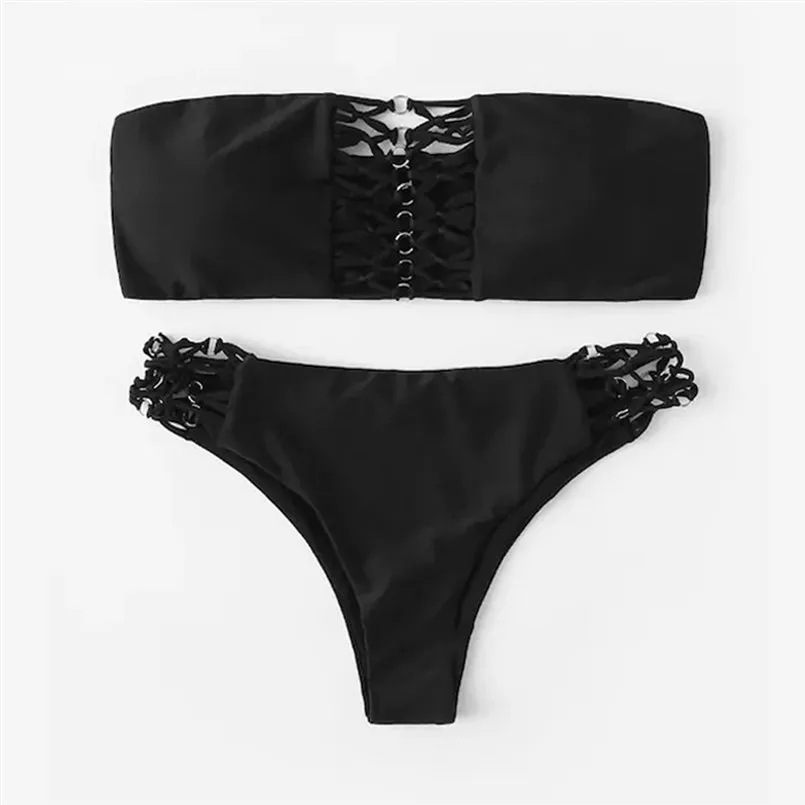 Black strapless bodysuit solid color swimsuit push up padded bra bathing Set suit Beachwear 40fb21 | Женская одежда