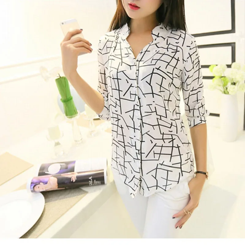 Blusas 2017 женская блузка элегантная с длинным рукавом принтом тонкая шифоновая