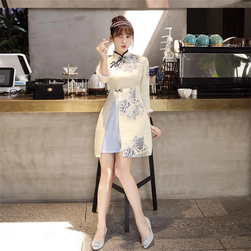 2019 Ретро Женская Китайская cheongsam Улучшенная Роскошная жаккардовая традиционная