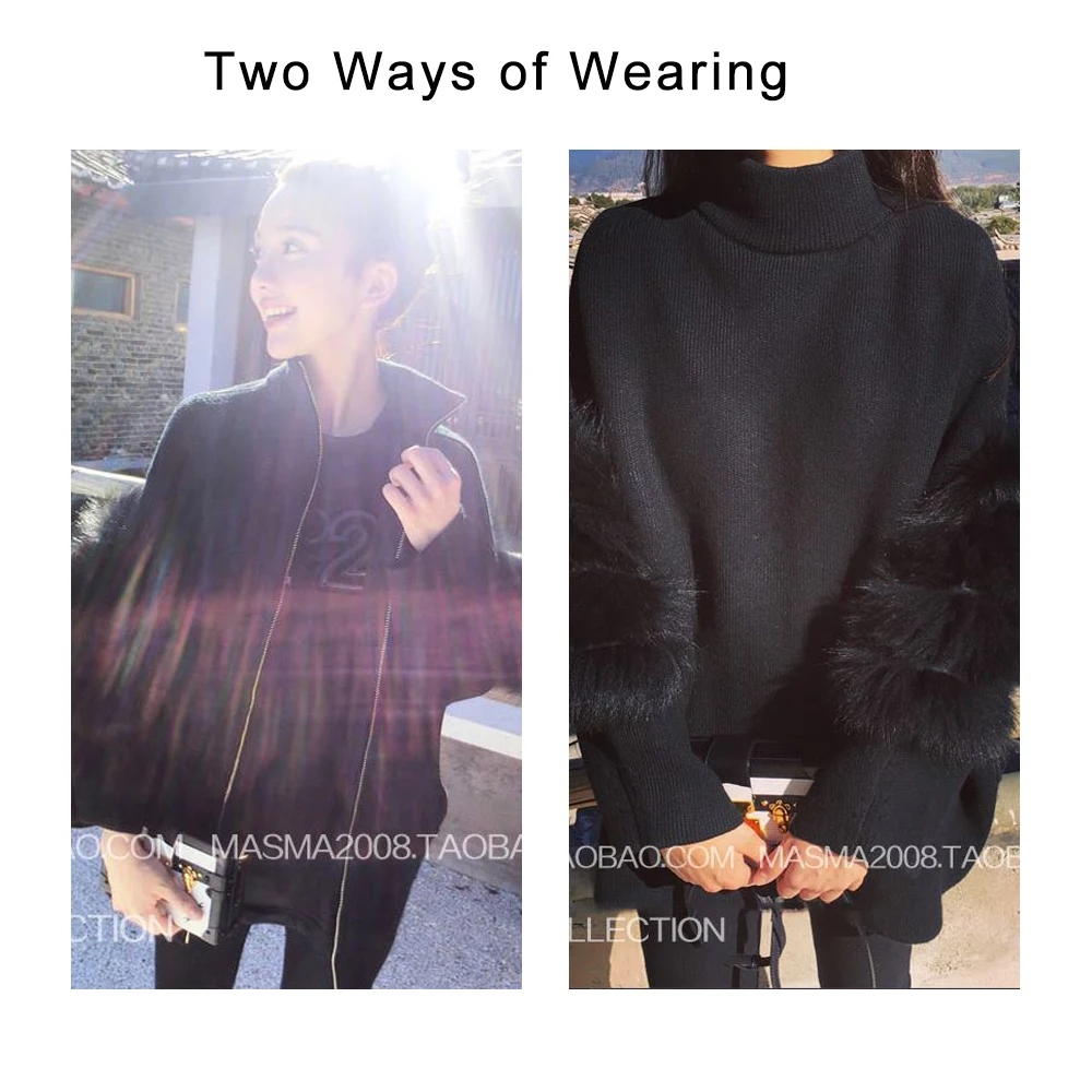 Women Oversized Sweater Turtle Neck Fur Sleeve Black White Autumn Winter Knited Pullover femme pull back zipper | Женская одежда