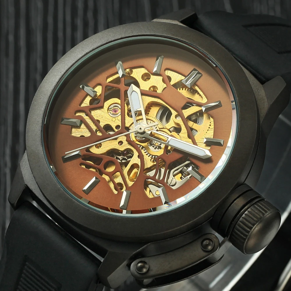 Элитный бренд механические часы для мужчин черный силиконовый ремешок Скелет