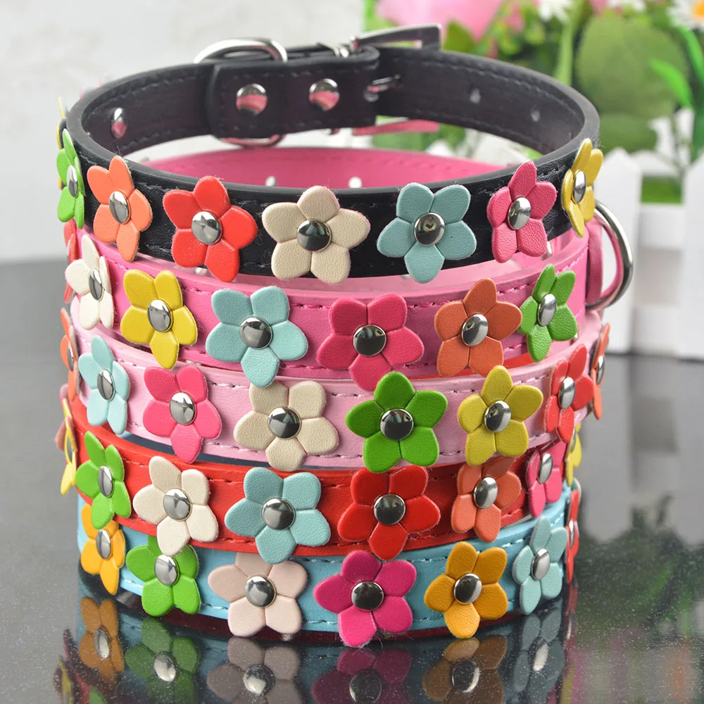 

(20 Pieces/Lot)Hot Sale PU Leather Dog Collar One Row Flower Studded Pet Dog Puppy Necklace Collar