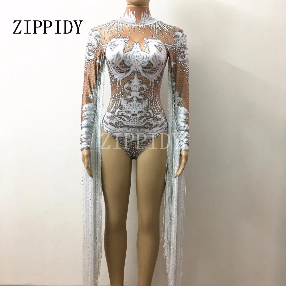 Glisten Rhinestones LongTassel White printed Bodysuit Shining Crystals Stertch Leotard Female Singer DJ Outfit Bar Party Costume