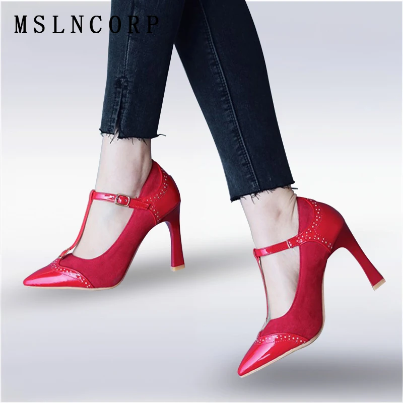 

Size 34-48 Sexy Fashion High Heels Shoes Women Pumps Ankle T Strap buckle Patchwork Elegant Wedding Shoes Stiletto zapatos mujer