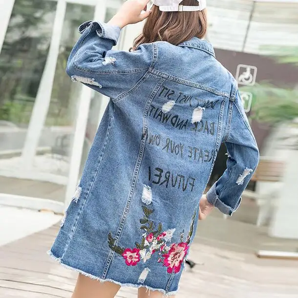 2019 женская джинсовая куртка с цветочной вышивкой одной пуговицей длинная пальто