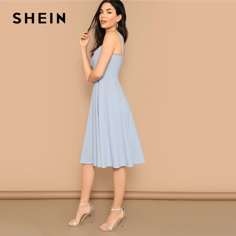 SHEIN Однотонное Приталенное Расклешенное Платье С Молнией Женское Летнее Элегантное Платье Без Рукавов