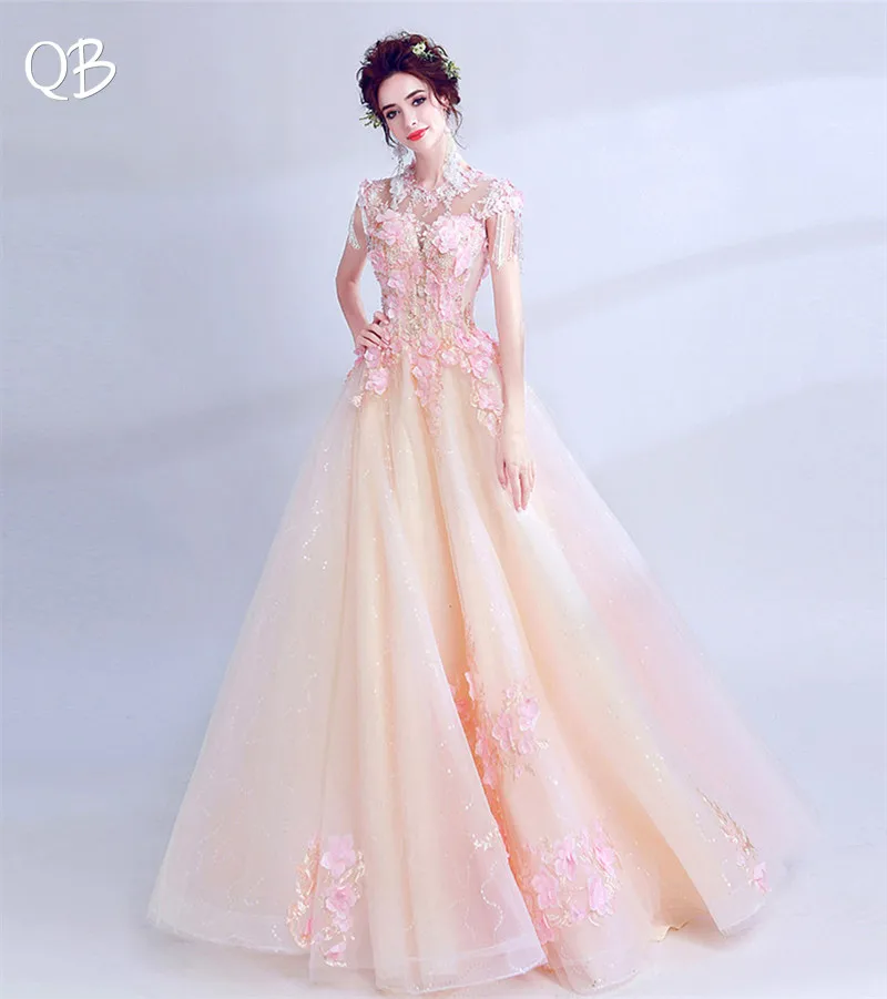 Бальное платье цвета шампанского пышные тюлевые кружевные бусины Кристальные