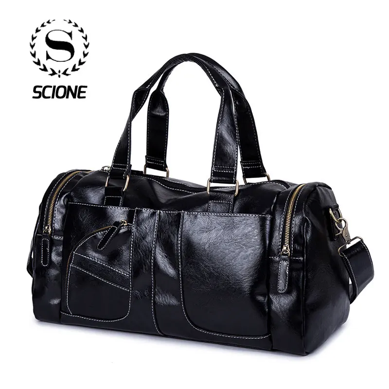 Scione Fashion PU Leather Travel Handbag Men's Luggage Patchwork Crossbody Bag High Quality Duffel Business Casual Suitcase