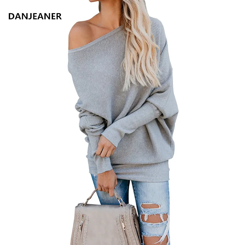 Женский Длинный трикотажный пуловер Danjeaner однотонный с открытыми плечами и
