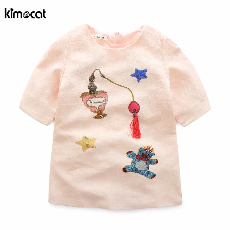 

Kimocat Girls Summer Dress Hand-made diamond slap-up Cartoon bear Appliques Sleeveless Kids Clothing Children Costumes Cotton
