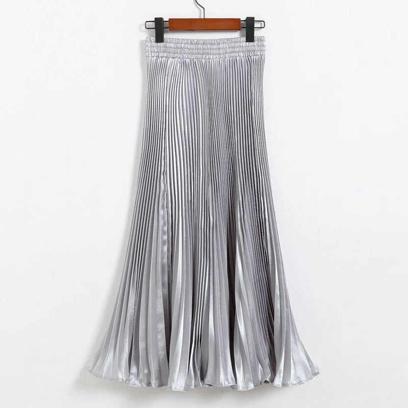 Light-Grey Qiuxuan, яркая металлическая шелковая ткань, облегающая, эластичная, высокая талия, женские плиссированные юбки, разные цвета, Летняя женская повседневная юбка средней длины - Цвет: Light-Grey